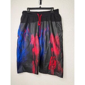 Fly Society Mens XL Black Red Blue Graphic Smoke Print Cotton Shorts Streetwear